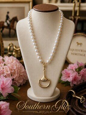 Pearl Snaffle Bit Necklace | Gold Equestrian Pendant Necklace | Southern Glitz H